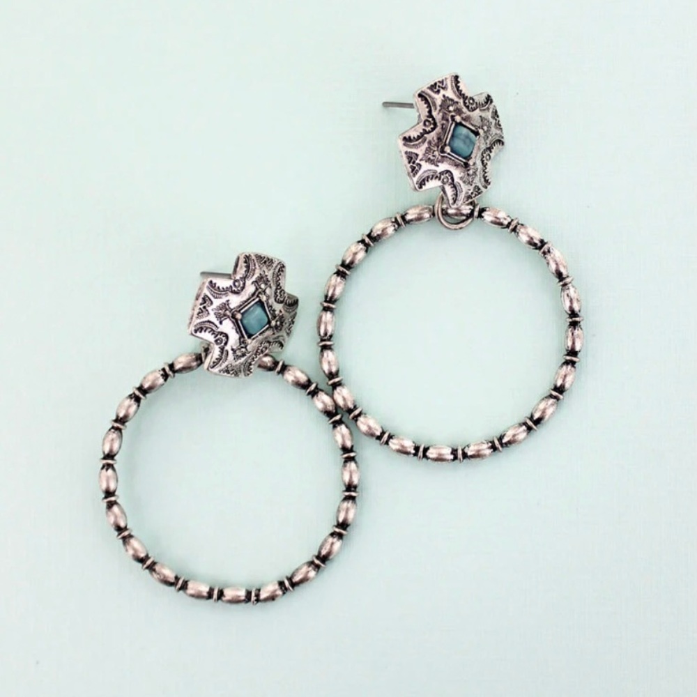 Bead Textured Earrings w/ Turquoise Stone Cross